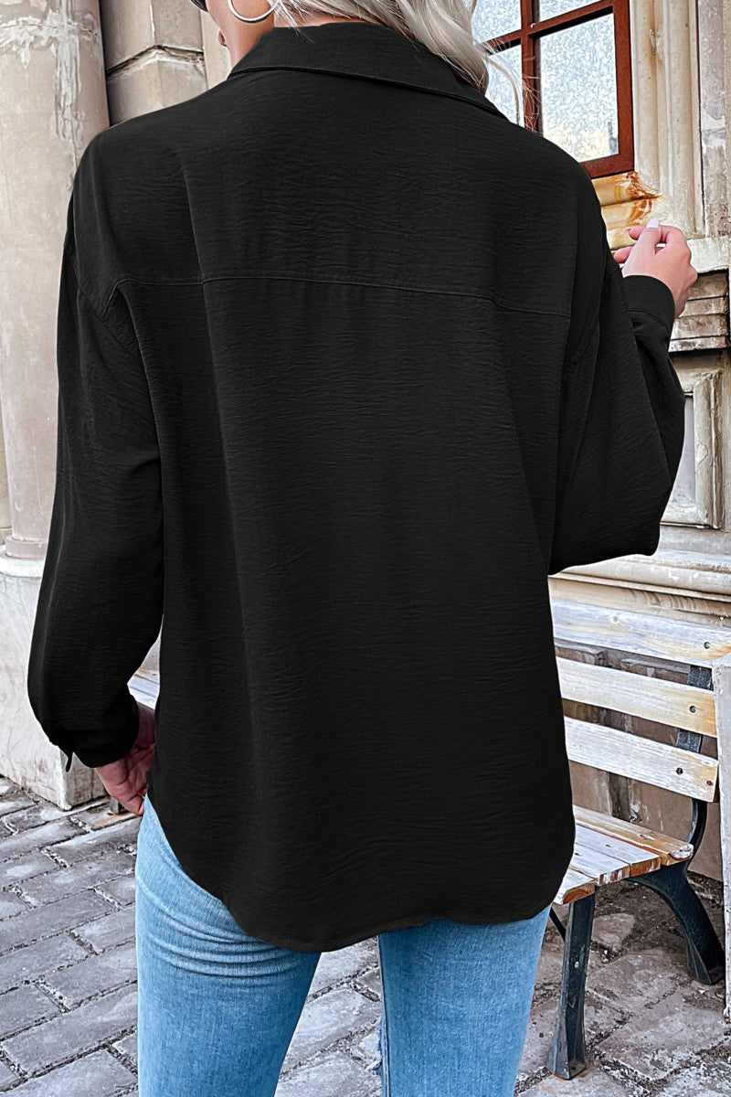 V Neck Button Up Shirt - Black