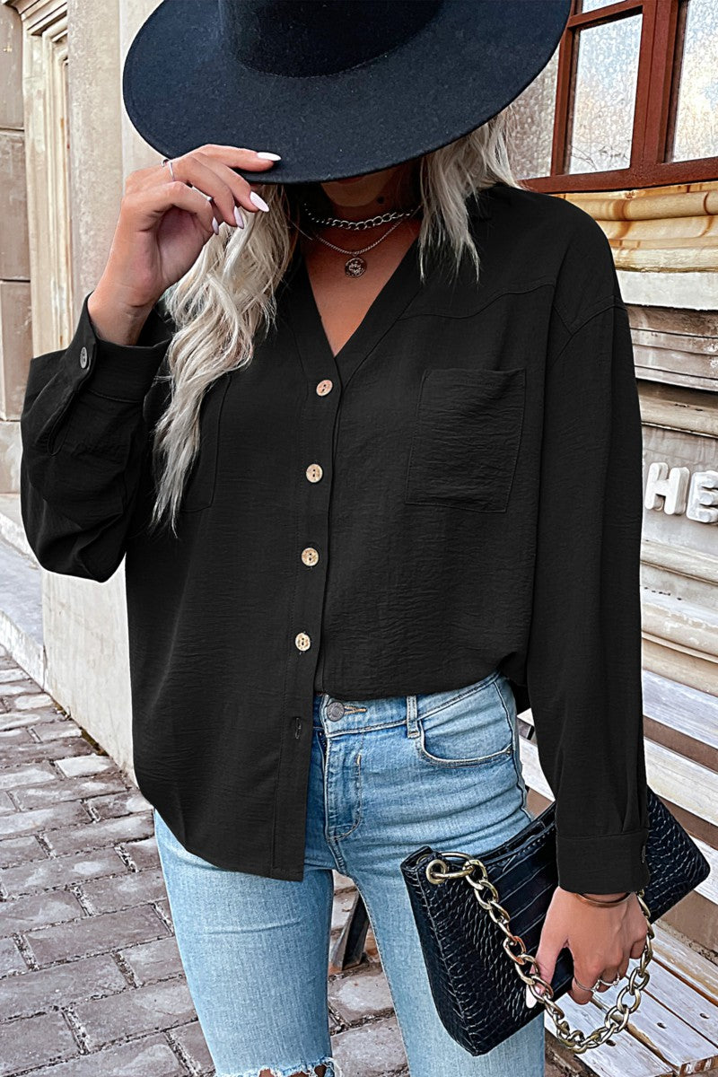 V Neck Button Up Shirt - Black