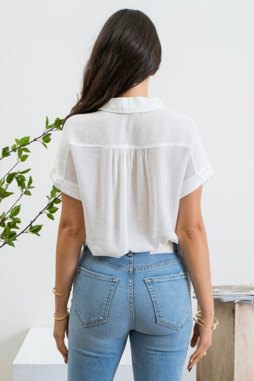 Cuffed Button Up - White