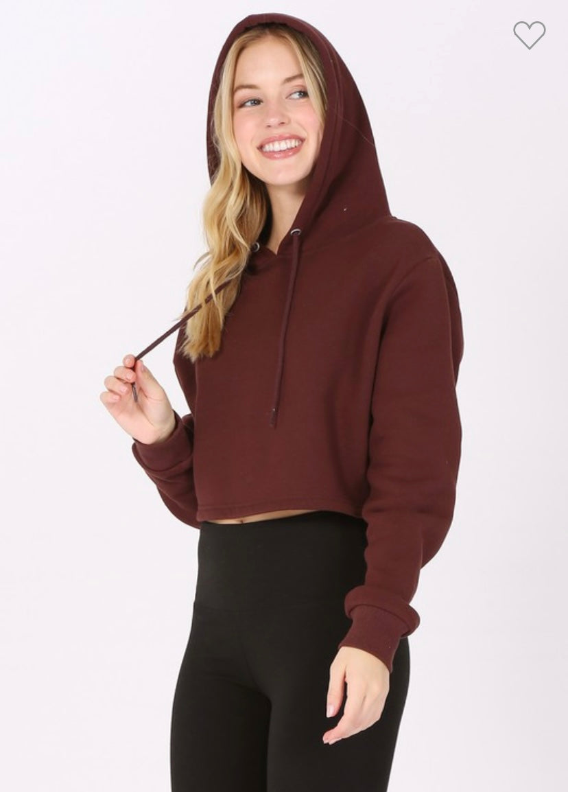 Cropped Fleece Hoodie - Brown