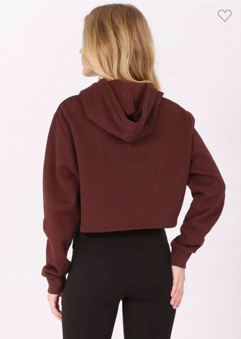 Cropped Fleece Hoodie - Brown