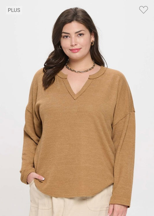 Ribbed Notch Neck Long Sleeve Top PLUS - Caramel