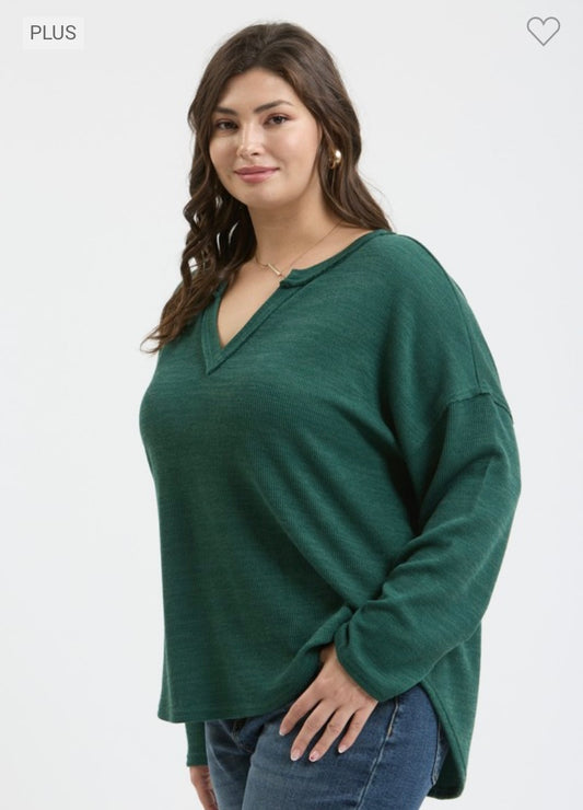 Ribbed Notch Neck Long Sleeve Top PLUS - Green