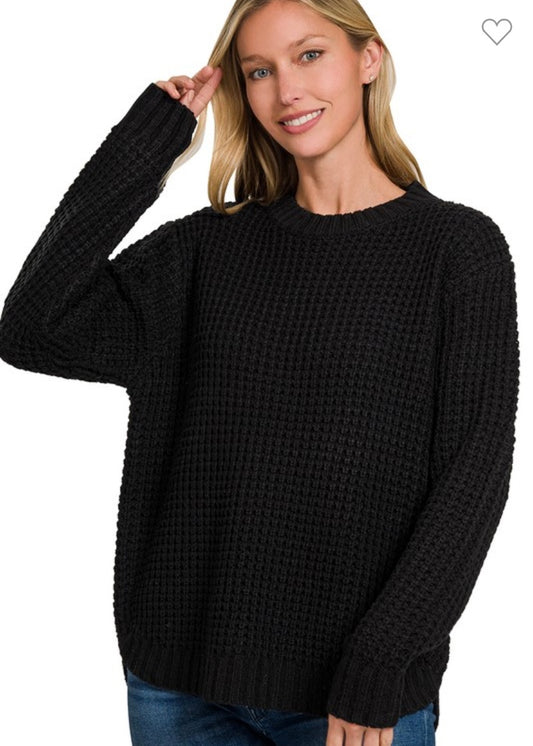 Hi-Low Long Sleeve Waffle Top - Black