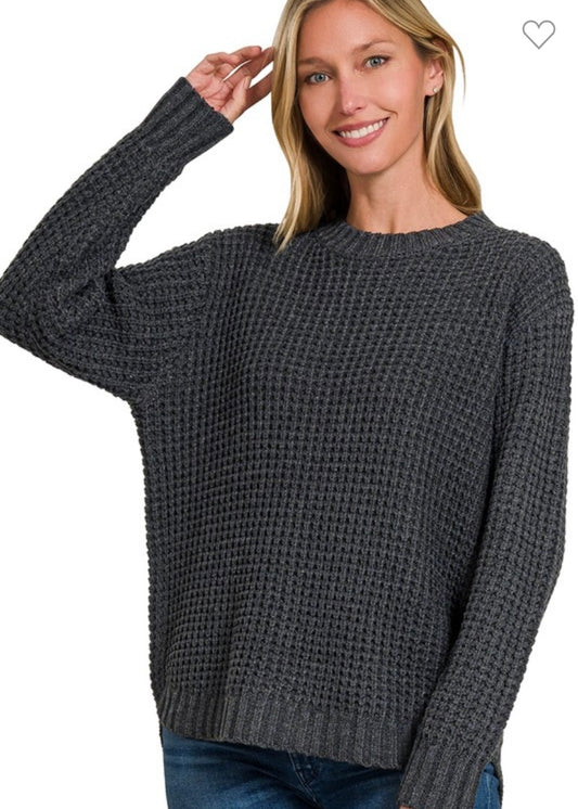 Hi-Low Long Sleeve Waffle Top - Charcoal