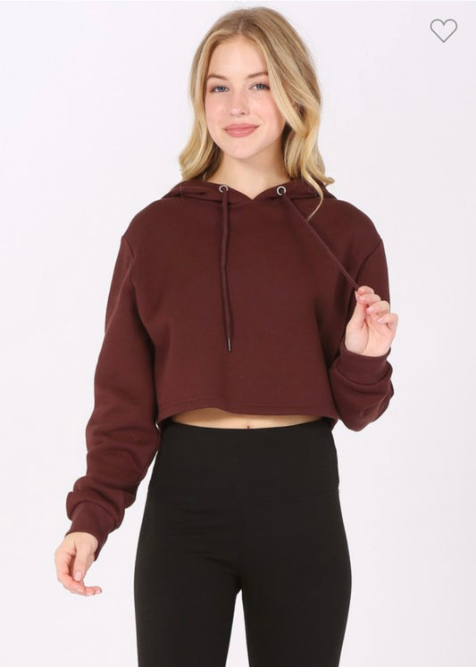 Cropped Fleece Hoodie - Brown