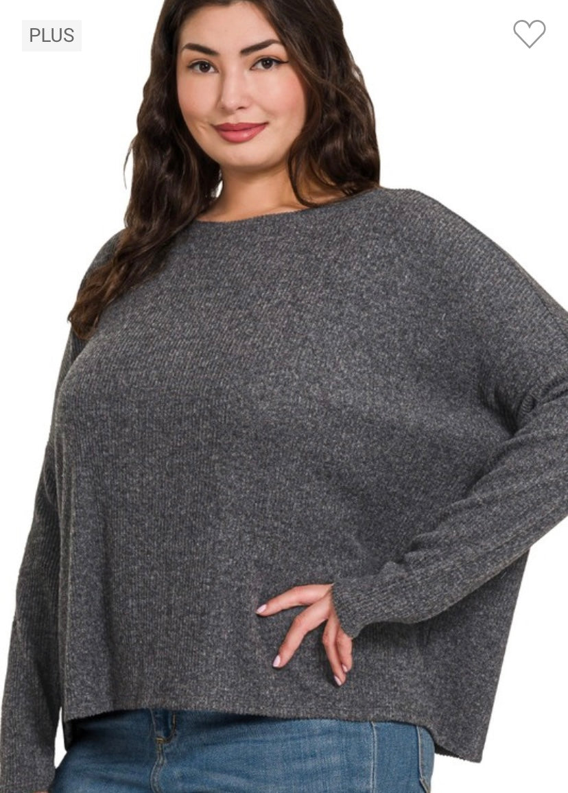 Ribbed Dolman Sleeve Top - Gray/PLUS