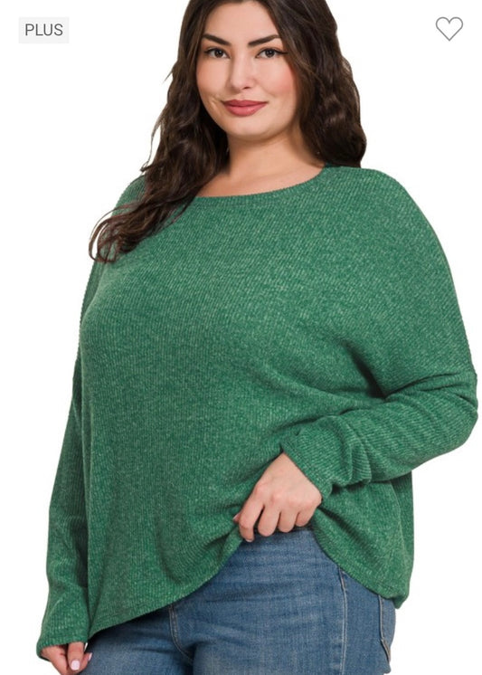 Ribbed Dolman Sleeve Top - Green/PLUS