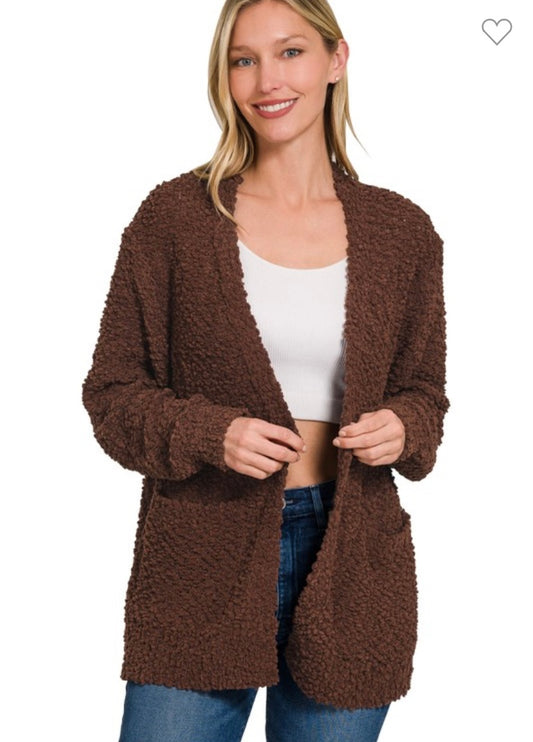 Popcorn Cardigan with Pockets - Brown