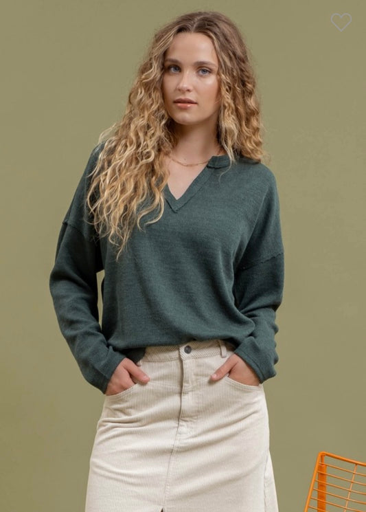 Ribbed Notch Neck Long Sleeve Top - Green