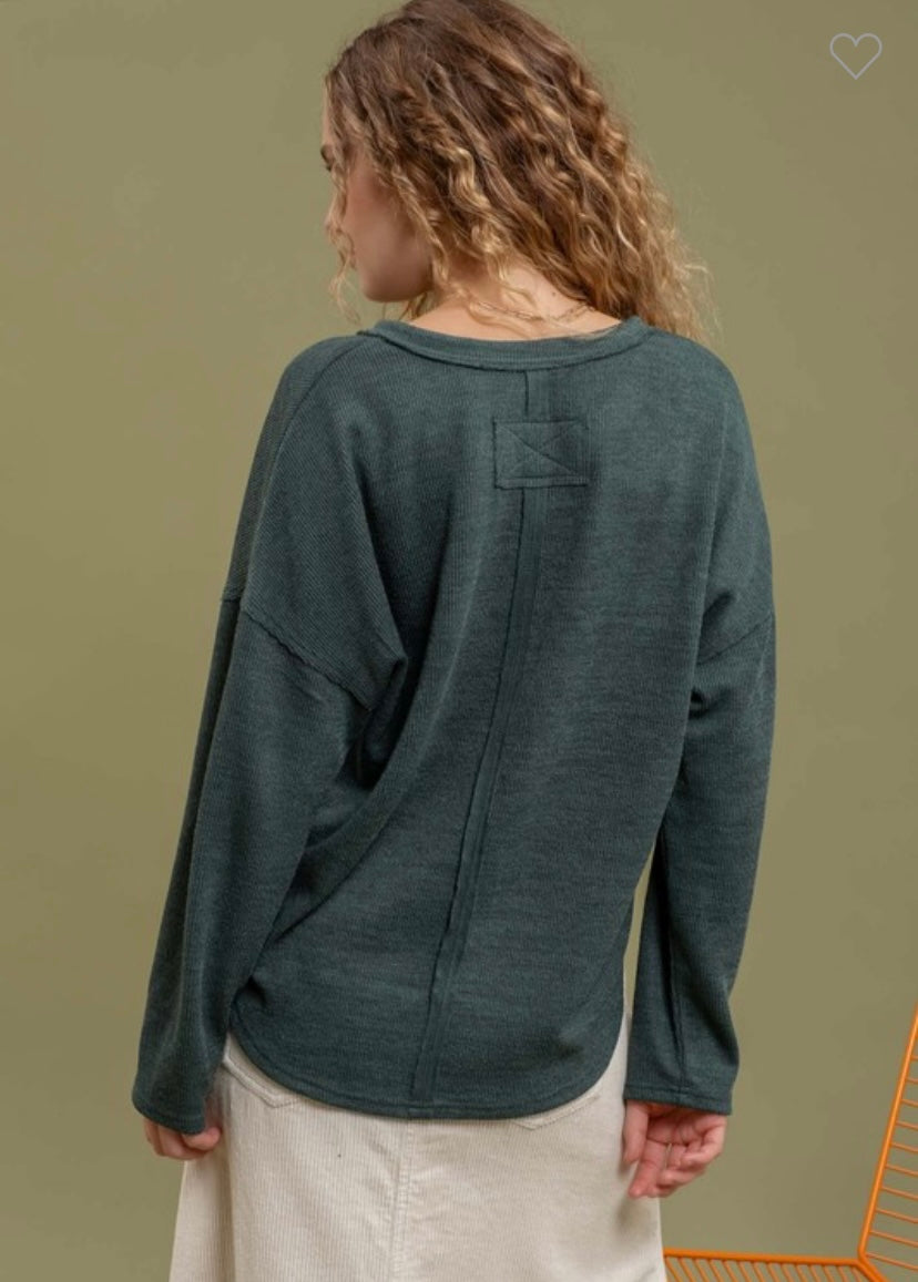 Ribbed Notch Neck Long Sleeve Top - Green