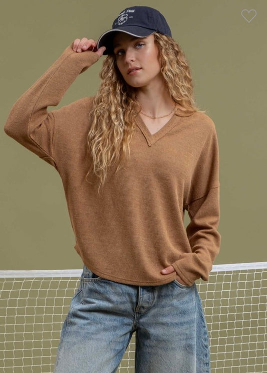 Ribbed Notch Neck Long Sleeve Top - Caramel