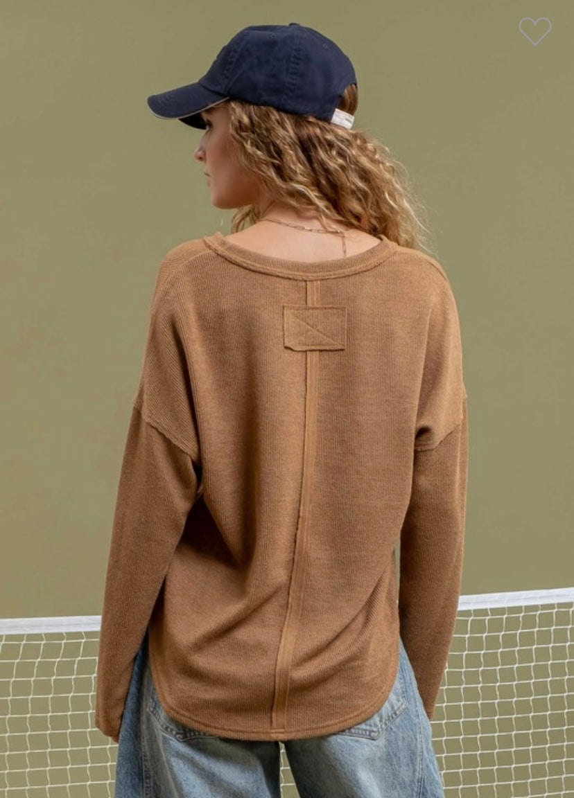 Ribbed Notch Neck Long Sleeve Top - Caramel