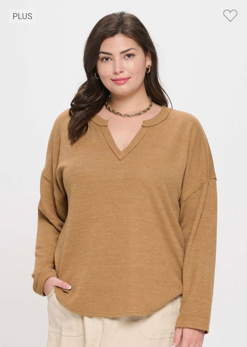 Ribbed Notch Neck Long Sleeve Top - Caramel