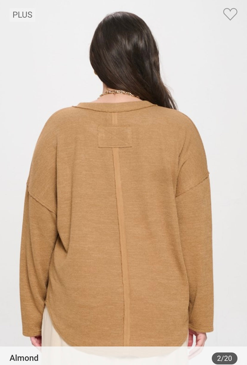 Ribbed Notch Neck Long Sleeve Top - Caramel