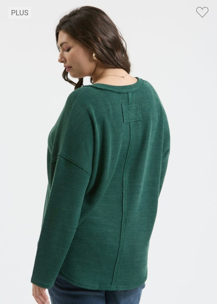 Ribbed Notch Neck Long Sleeve Top - Green