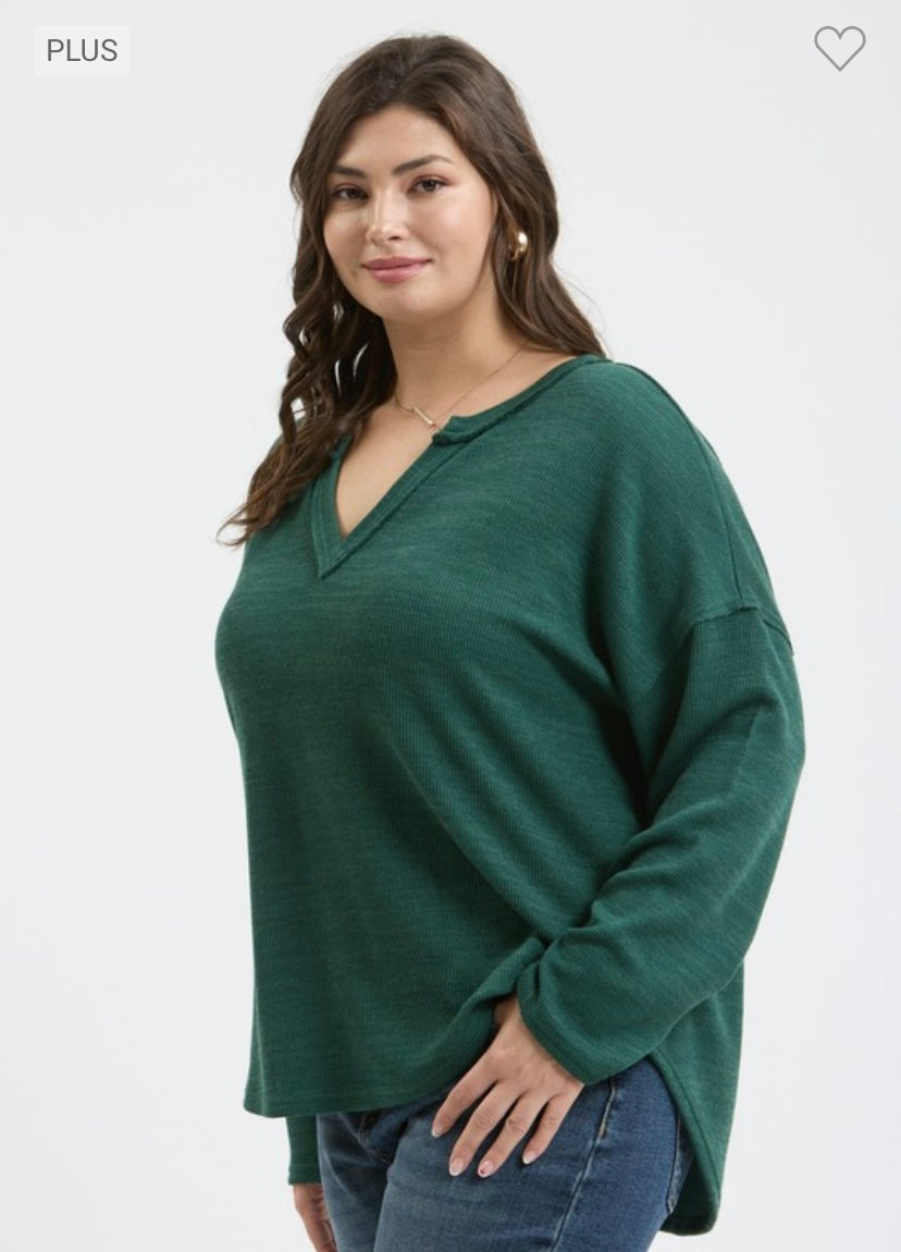 Ribbed Notch Neck Long Sleeve Top - Green