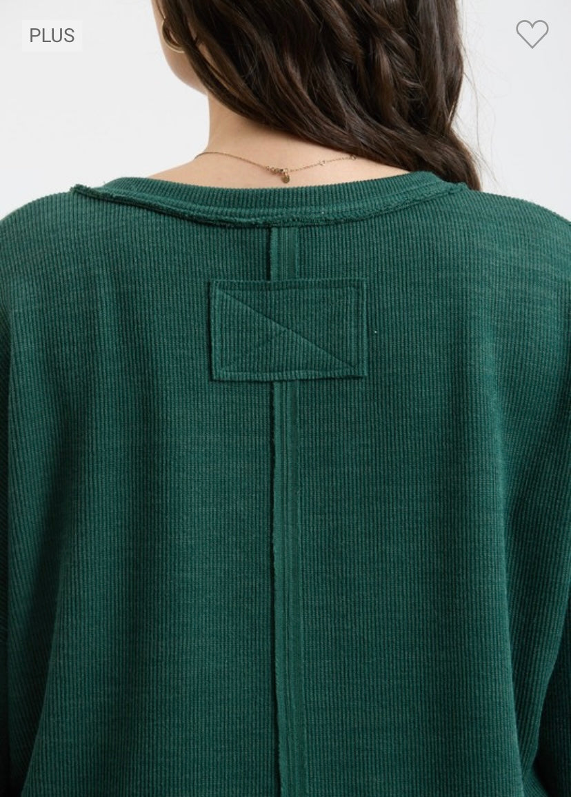 Ribbed Notch Neck Long Sleeve Top - Green