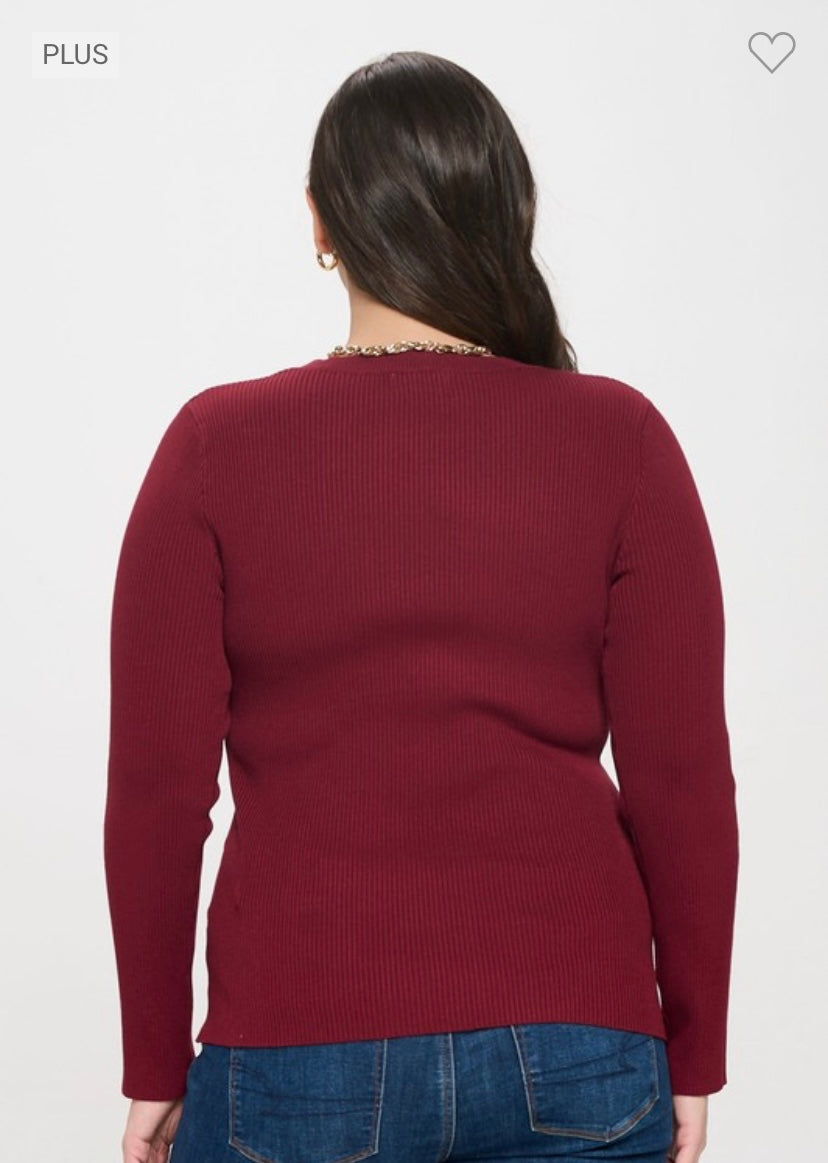 Fitted Ribbed Long Sleeve Top - Red Wine