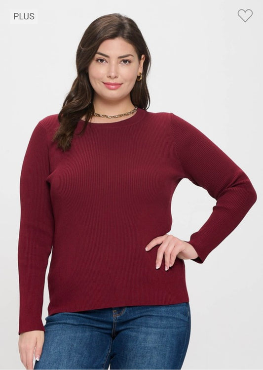 Fitted Ribbed Long Sleeve Top - Red Wine