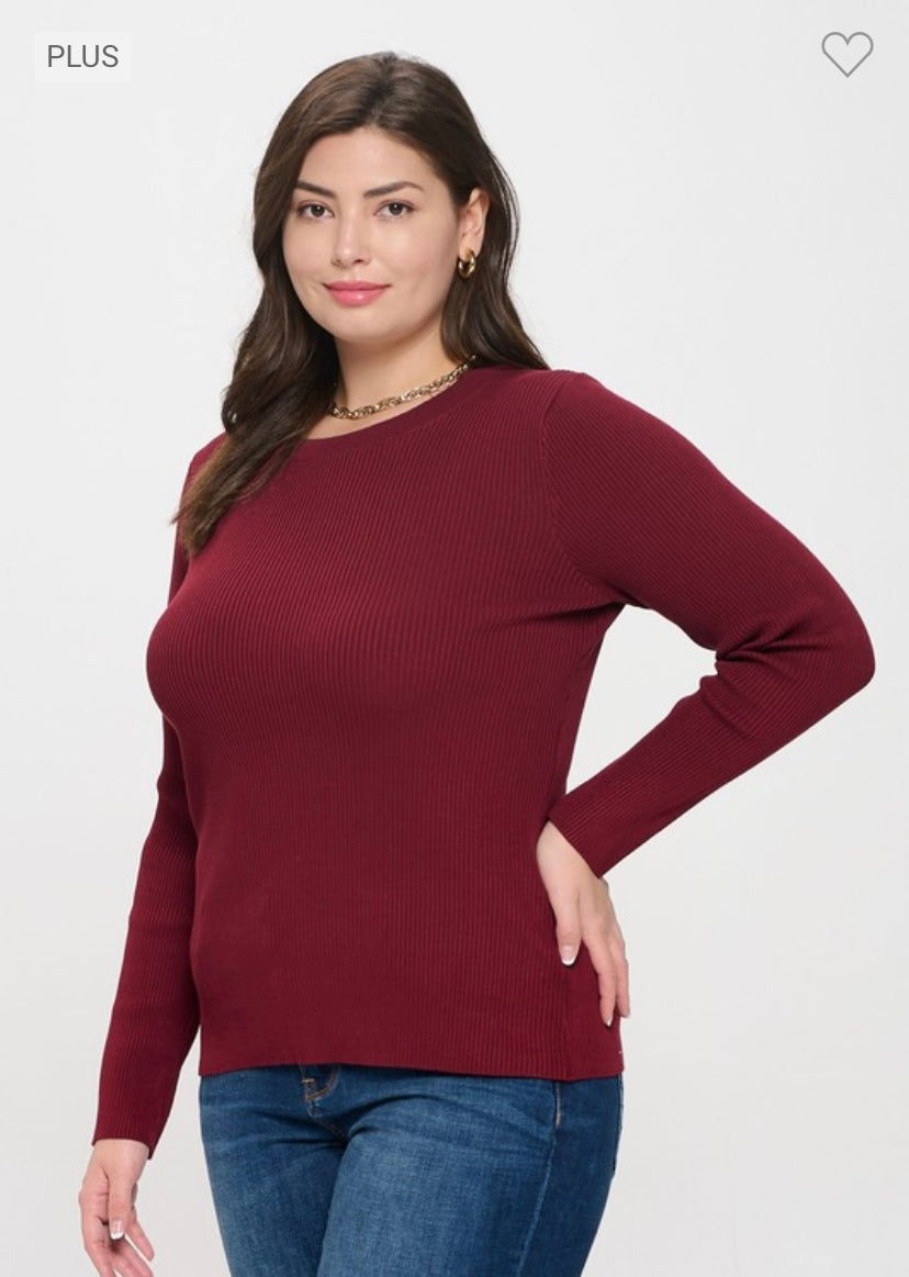 Fitted Ribbed Long Sleeve Top - Red Wine