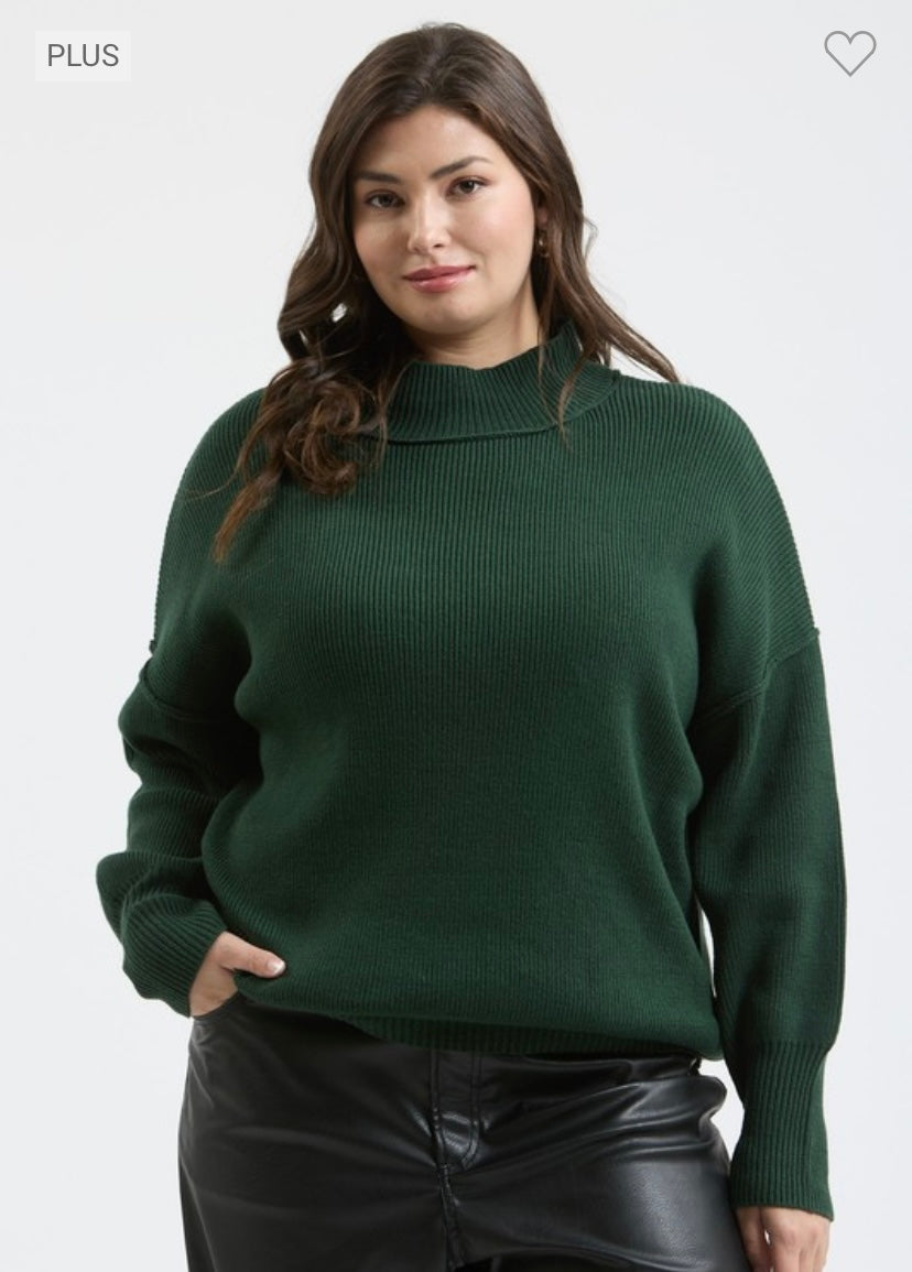 Mock Neck Ribbed Sweater - Green/PLUS