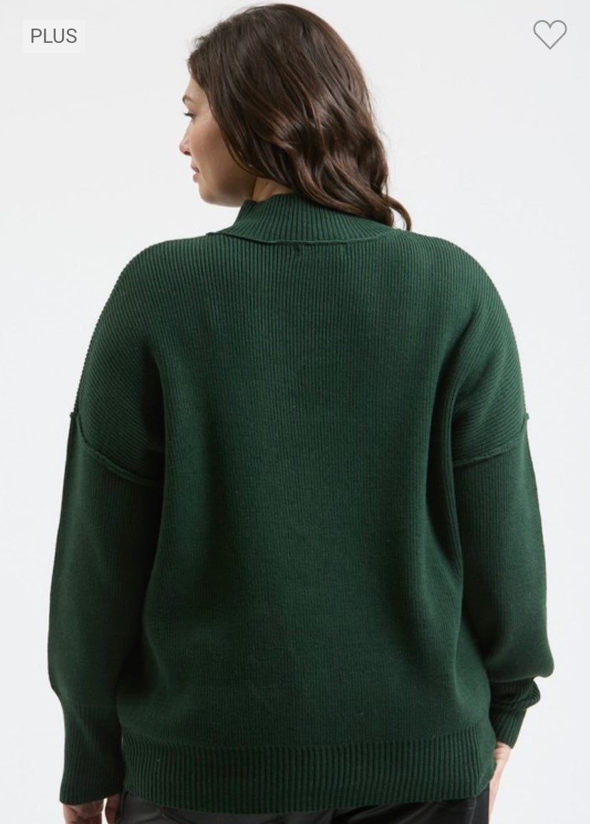 Mock Neck Ribbed Sweater - Green/PLUS