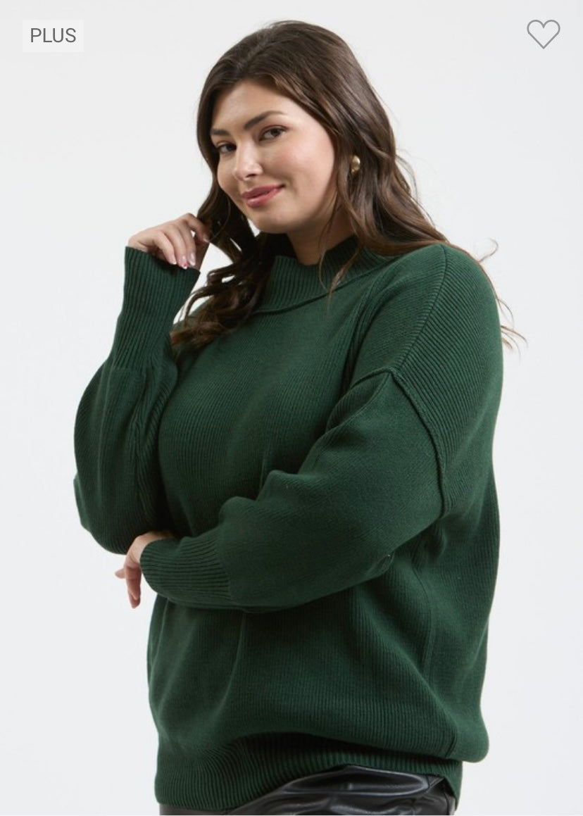 Mock Neck Ribbed Sweater - Green/PLUS