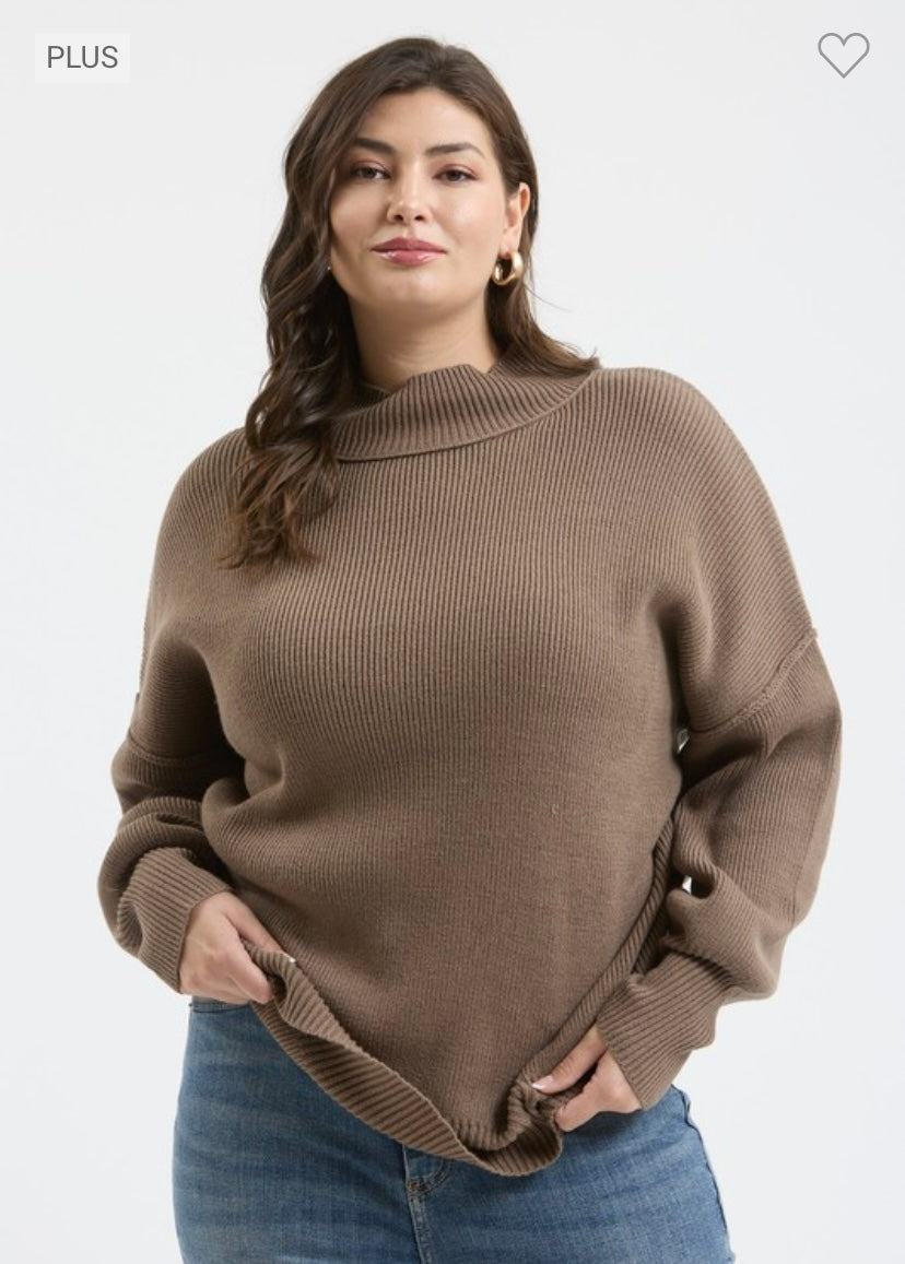 Mock Neck Ribbed Sweater - Brown/PLUS