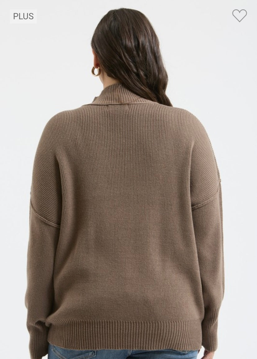 Mock Neck Ribbed Sweater - Brown/PLUS