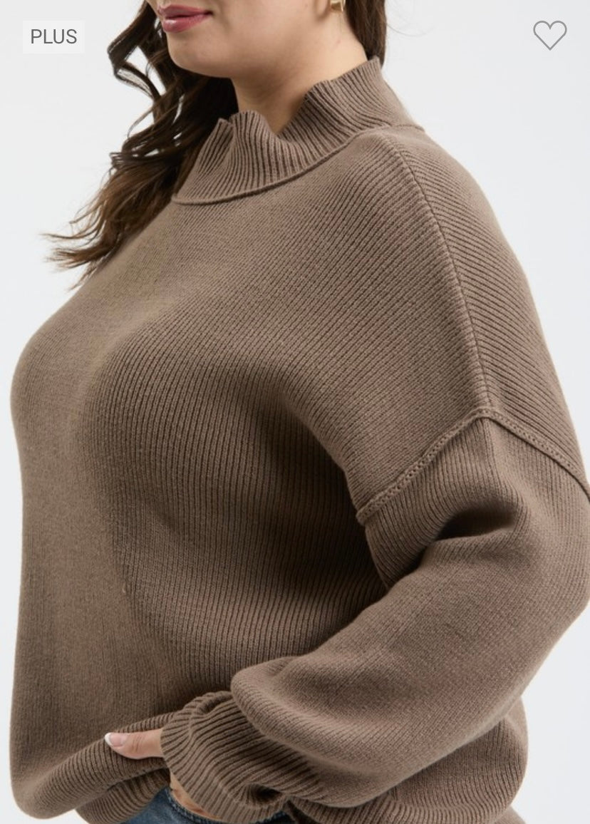 Mock Neck Ribbed Sweater - Brown/PLUS