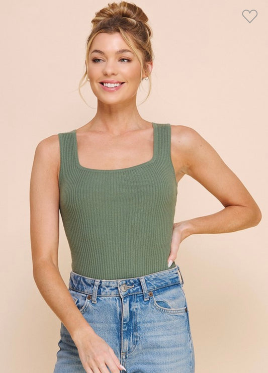 Ribbed Tank Bodysuit - Green